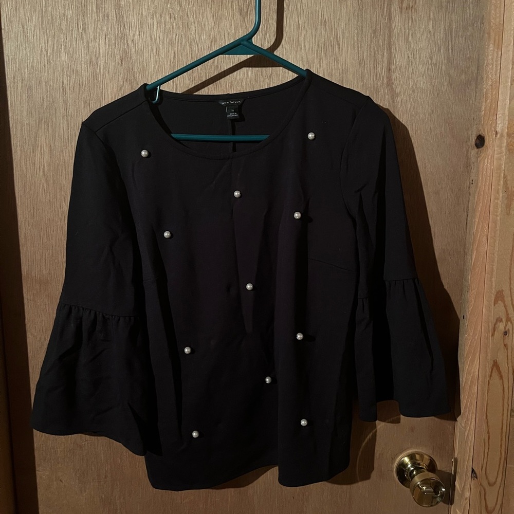 Ann Taylor Black Blouse with Pearl Details